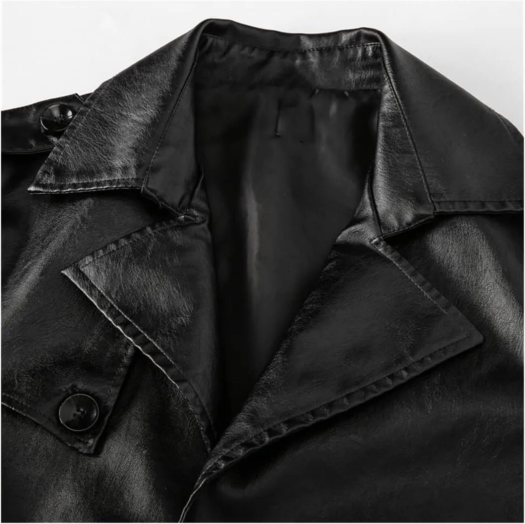 Men's Long Leather Jackets Hooded Bomber Trench Fashion Slim Thin PU Leather Overcoat