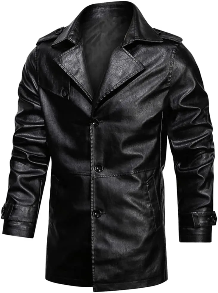 Men's Long Leather Jackets Hooded Bomber Trench Fashion Slim Thin PU Leather Overcoat