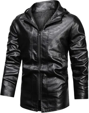 Men's Long Leather Jackets Hooded Bomber Trench Fashion Slim Thin PU Leather Overcoat