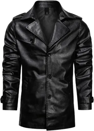 Men's Long Leather Jackets Hooded Bomber Trench Fashion Slim Thin PU Leather Overcoat