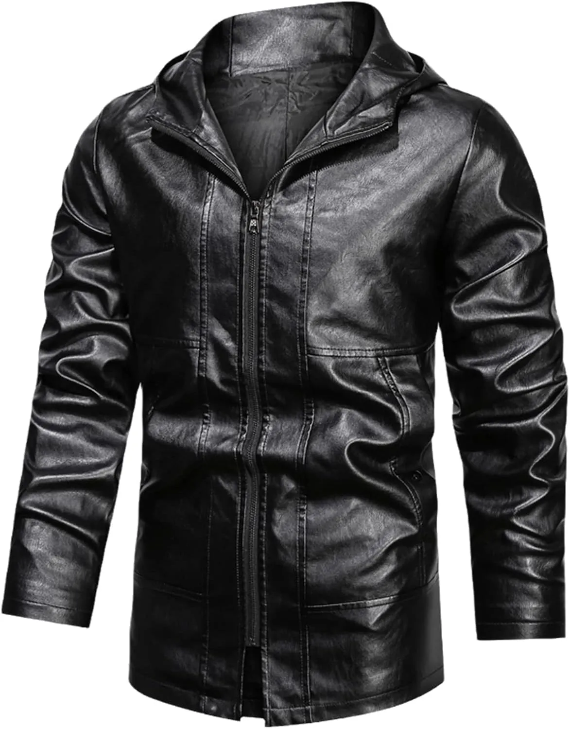 Men's Long Leather Jackets Hooded Bomber Trench Fashion Slim Thin PU Leather Overcoat