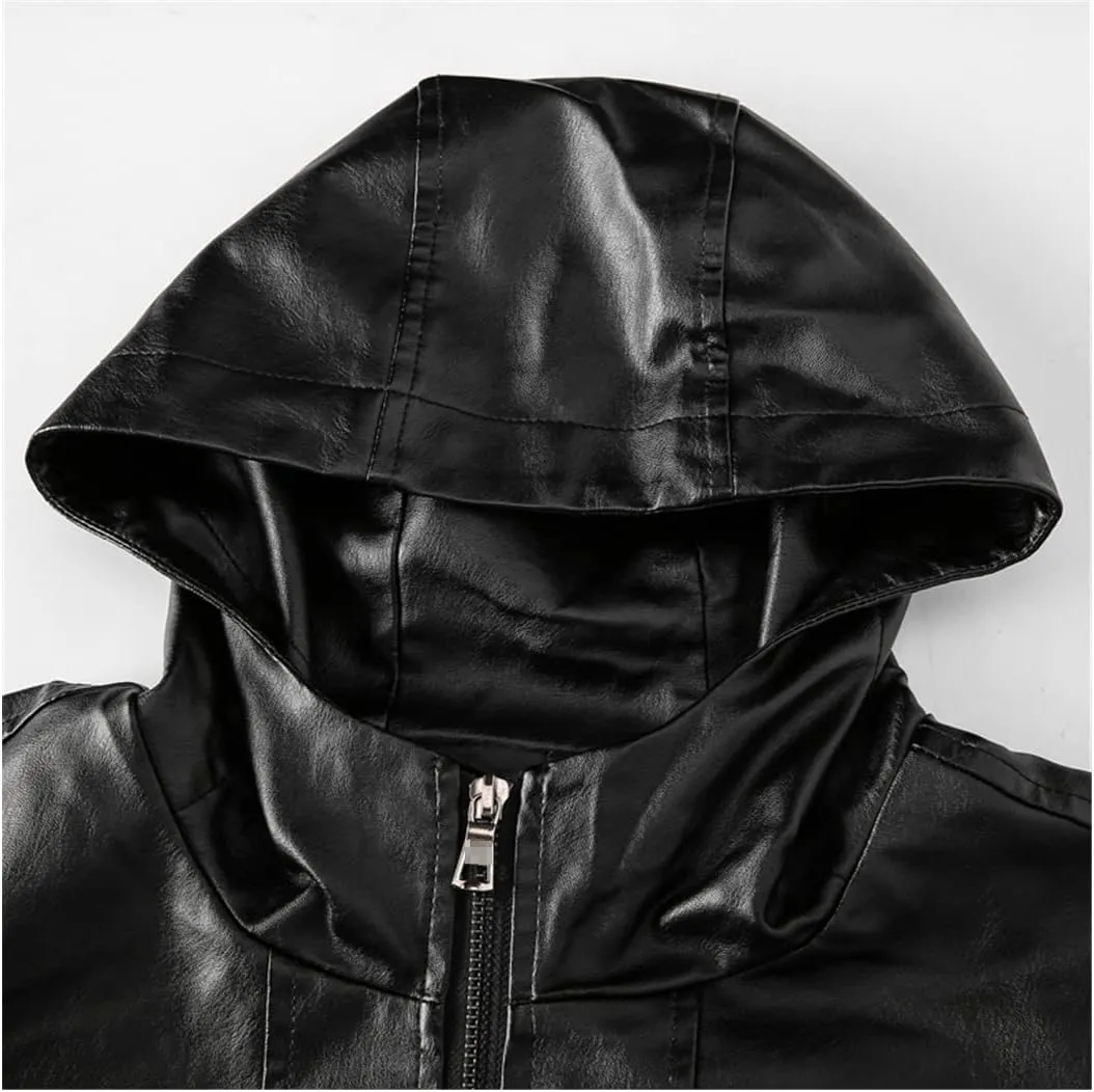 Men's Long Leather Jackets Hooded Bomber Trench Fashion Slim Thin PU Leather Overcoat