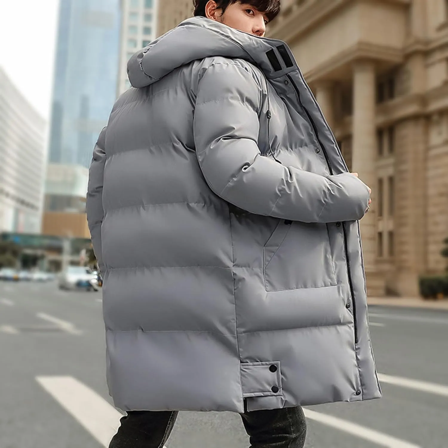 Men's Long Puffer Jacket Hooded Down Coats Winter Warm Windbreaker Overcoat
