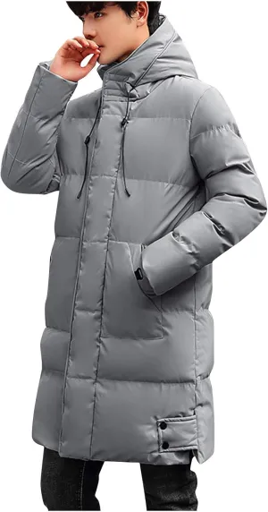 Men's Long Puffer Jacket Hooded Down Coats Winter Warm Windbreaker Overcoat