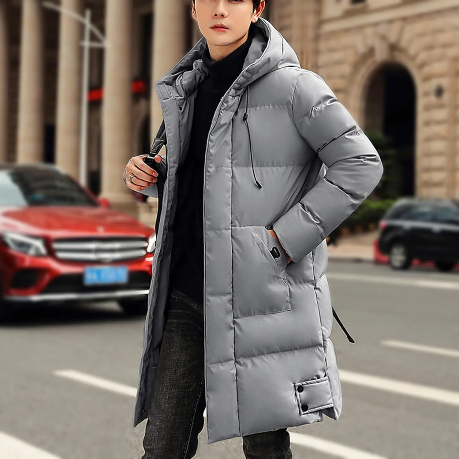 Men's Long Puffer Jacket Hooded Down Coats Winter Warm Windbreaker Overcoat