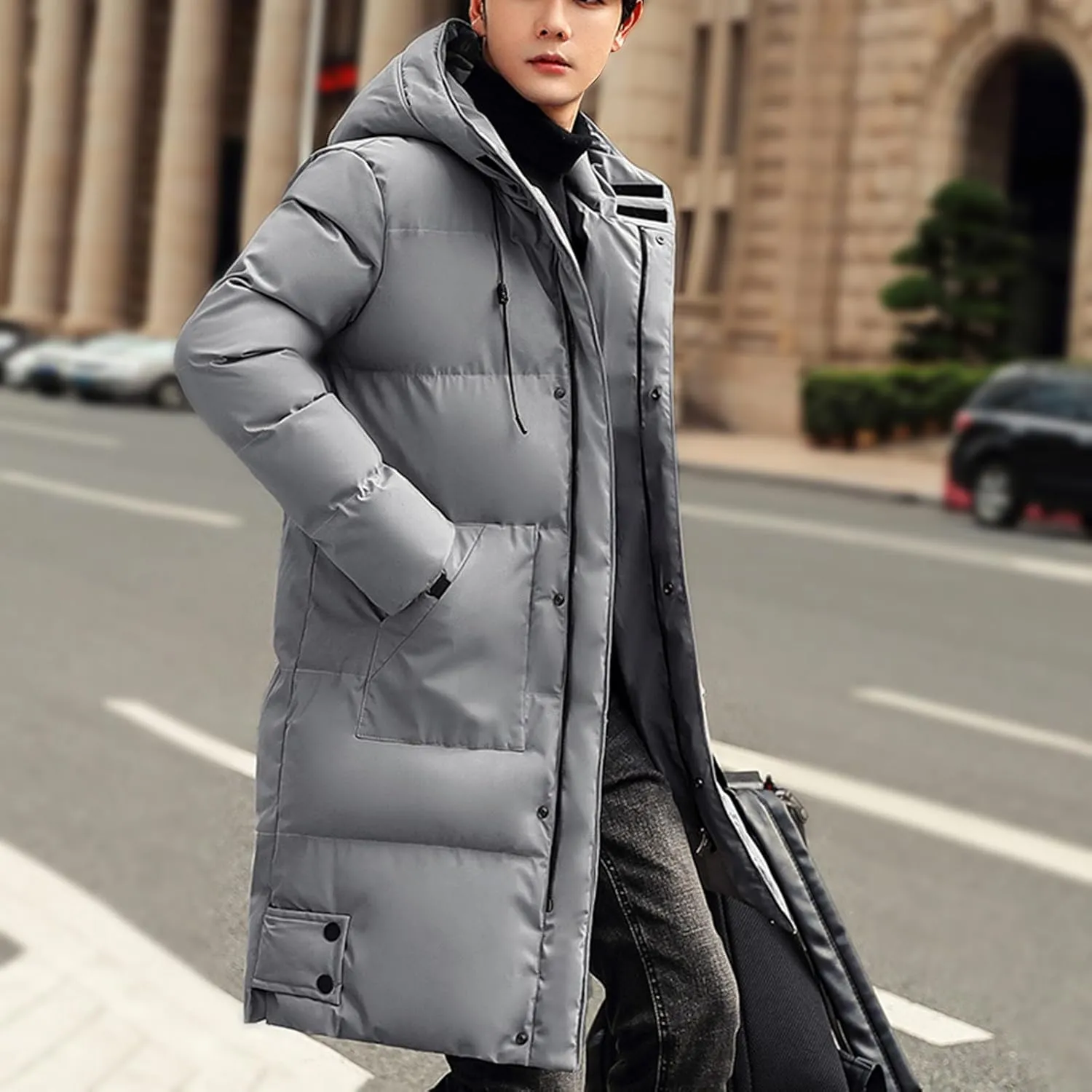Men's Long Puffer Jacket Hooded Down Coats Winter Warm Windbreaker Overcoat