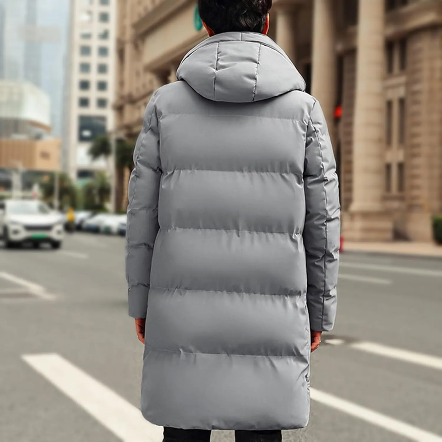 Men's Long Puffer Jacket Hooded Down Coats Winter Warm Windbreaker Overcoat