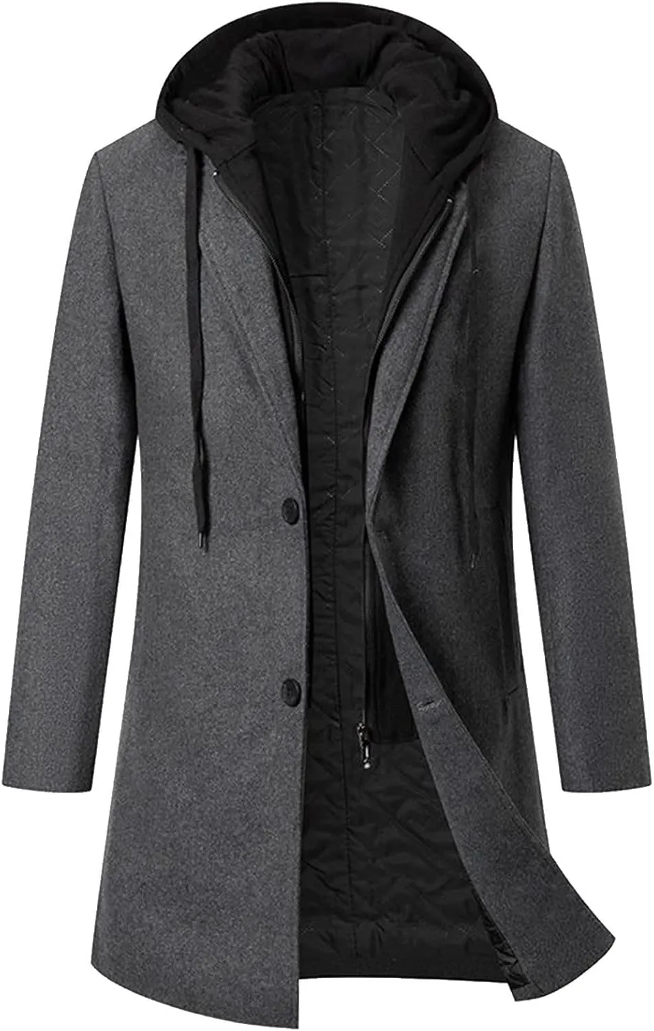 Men's Long Trench Coat Winter Peacoat Slim Fit Wool Trench Jacket Single Breasted Trench Coat with Hood