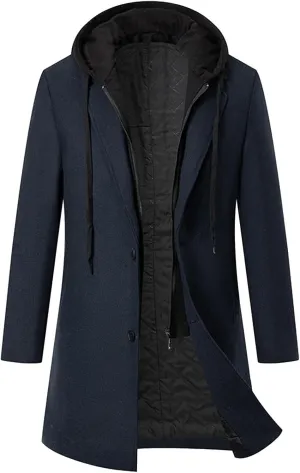 Men's Long Trench Coat Winter Peacoat Slim Fit Wool Trench Jacket Single Breasted Trench Coat with Hood