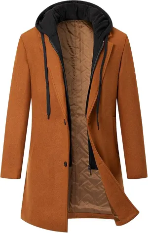 Men's Long Trench Coat Winter Peacoat Slim Fit Wool Trench Jacket Single Breasted Trench Coat with Hood