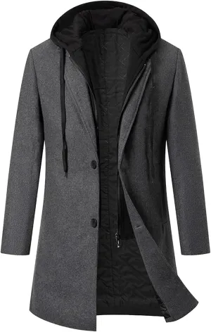 Men's Long Trench Coat Winter Peacoat Slim Fit Wool Trench Jacket Single Breasted Trench Coat with Hood
