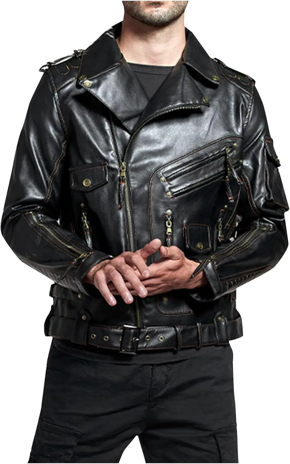 Men's Matte Black Leather Motorcycle Biker Rider Jacket Casual Faux Leather Jackets Lightweight Zip Up Biker Coats
