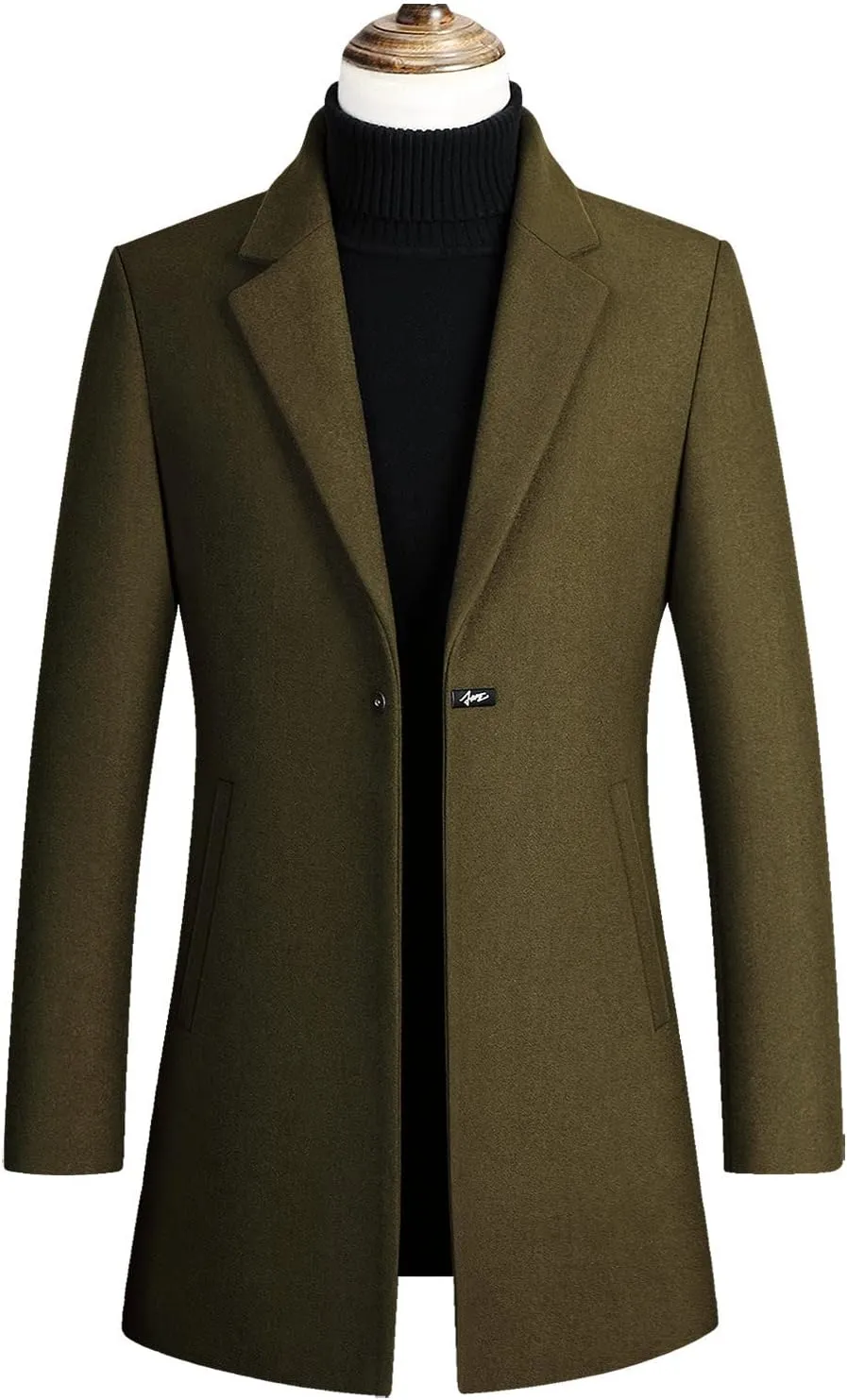Mens Mid Length Trench Coat Big and Tall Wool Trench Coat Zip Up Pea Coat Slim Fit Lapel Jacket with Pockets