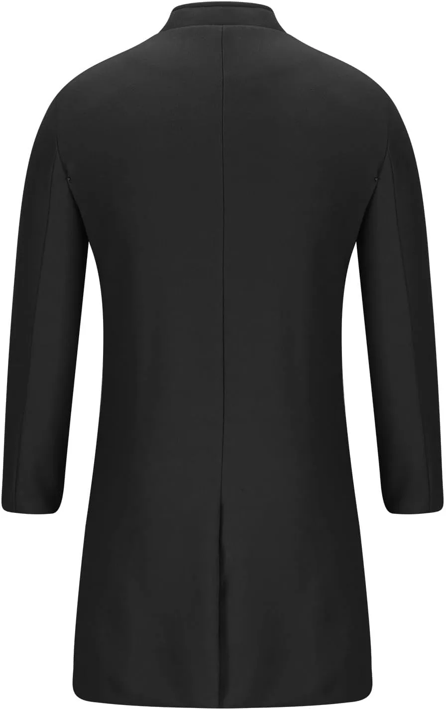 Mens Mid Length Trench Coat Single Breasted Wool Overcoat Stand Collar Peacoat Casual Open Front Cardigan with Pockets