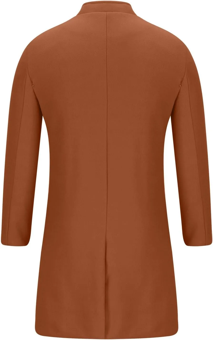 Mens Mid Length Trench Coat Single Breasted Wool Overcoat Stand Collar Peacoat Casual Open Front Cardigan with Pockets