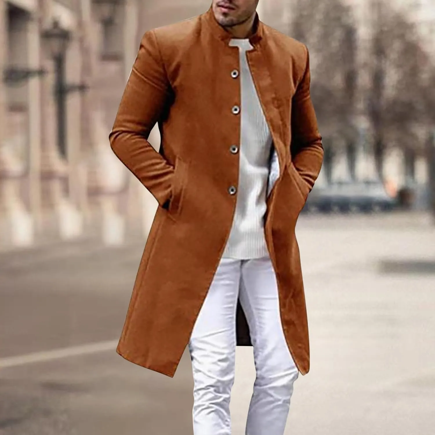 Mens Mid Length Trench Coat Single Breasted Wool Overcoat Stand Collar Peacoat Casual Open Front Cardigan with Pockets