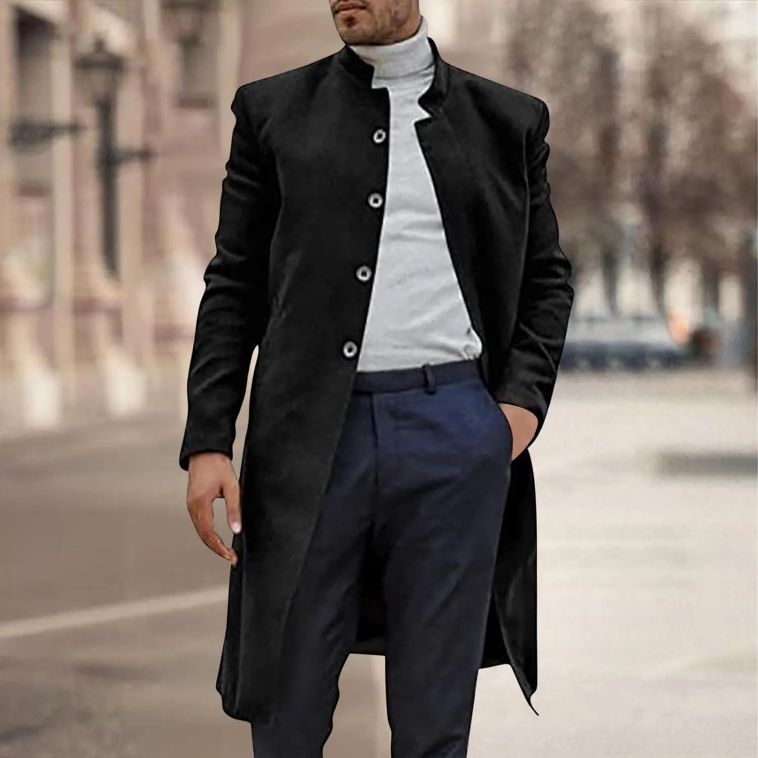 Mens Mid Length Trench Coat Single Breasted Wool Overcoat Stand Collar Peacoat Casual Open Front Cardigan with Pockets