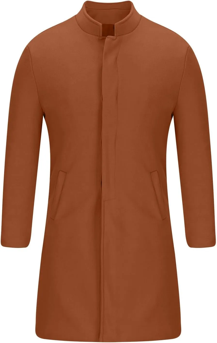 Mens Mid Length Trench Coat Single Breasted Wool Overcoat Stand Collar Peacoat Casual Open Front Cardigan with Pockets