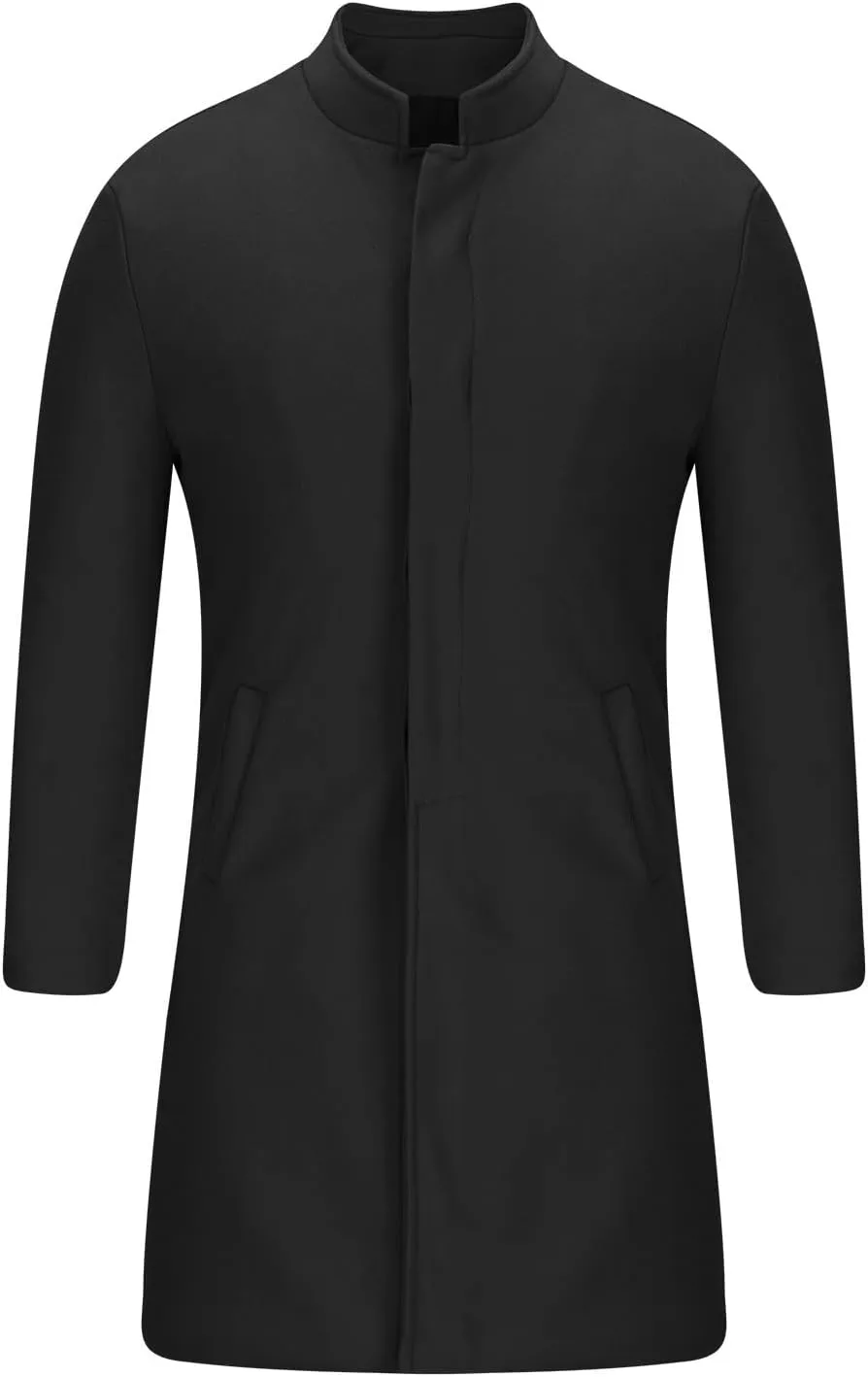 Mens Mid Length Trench Coat Single Breasted Wool Overcoat Stand Collar Peacoat Casual Open Front Cardigan with Pockets