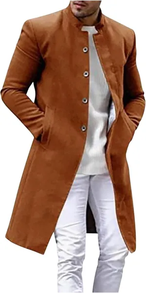 Mens Mid Length Trench Coat Single Breasted Wool Overcoat Stand Collar Peacoat Casual Open Front Cardigan with Pockets