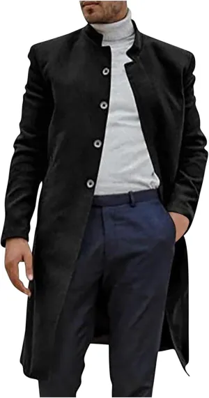 Mens Mid Length Trench Coat Single Breasted Wool Overcoat Stand Collar Peacoat Casual Open Front Cardigan with Pockets