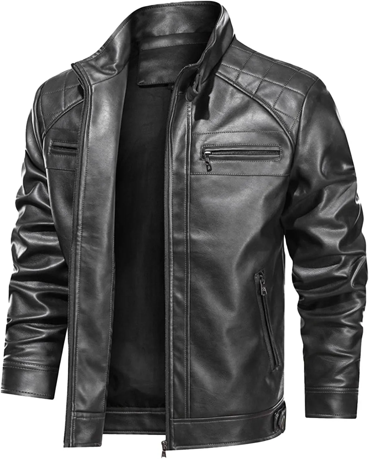 Mens Motorcycle PU Leather Jackets Stand Collar Biker Windbreaker Zip-up Slim Fit Outwear Trendy Motor Biker Jacket