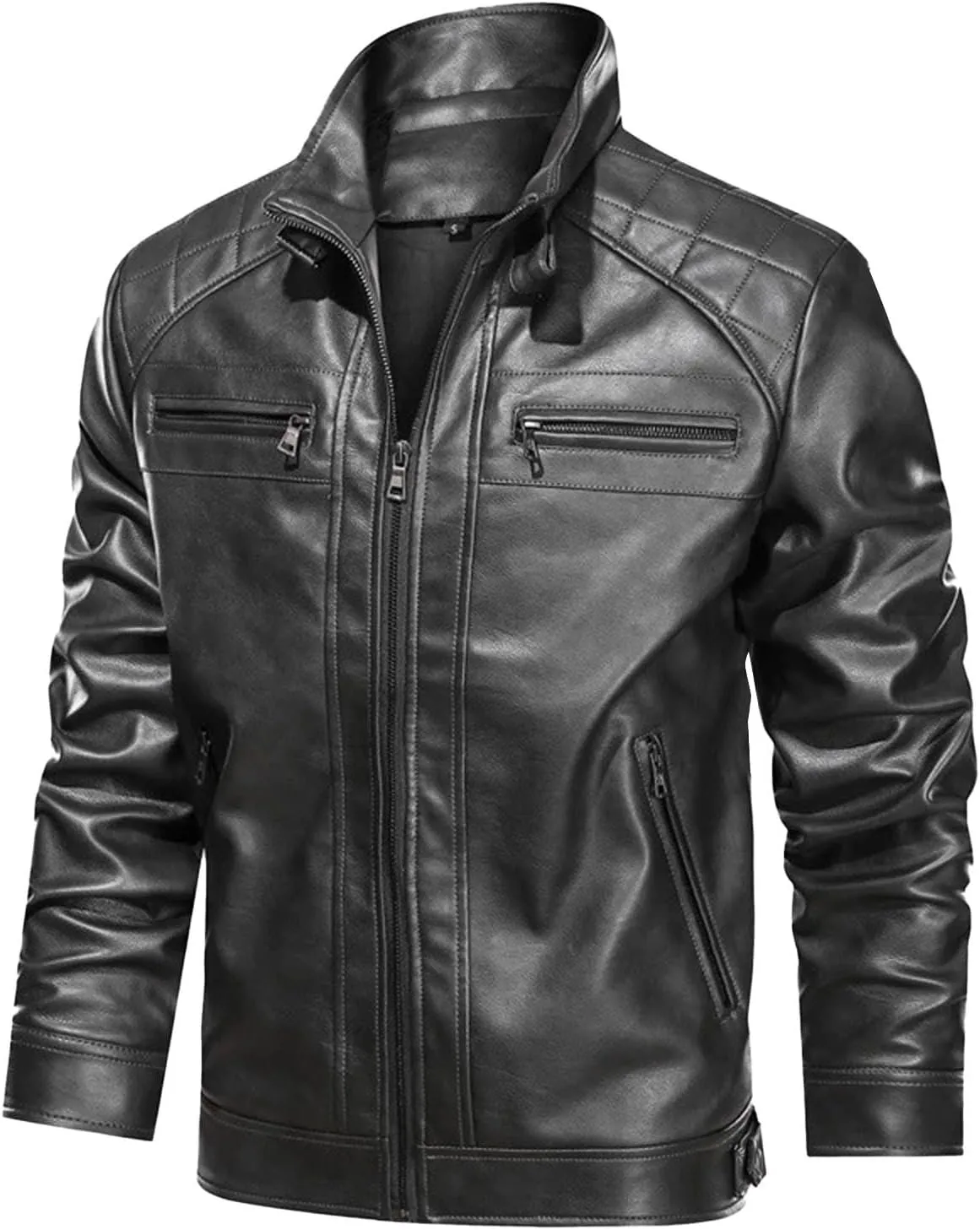 Mens Motorcycle PU Leather Jackets Stand Collar Biker Windbreaker Zip-up Slim Fit Outwear Trendy Motor Biker Jacket