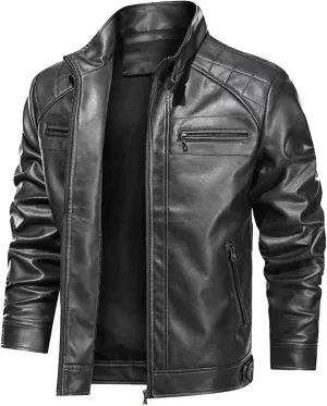 Mens Motorcycle PU Leather Jackets Stand Collar Biker Windbreaker Zip-up Slim Fit Outwear Trendy Motor Biker Jacket