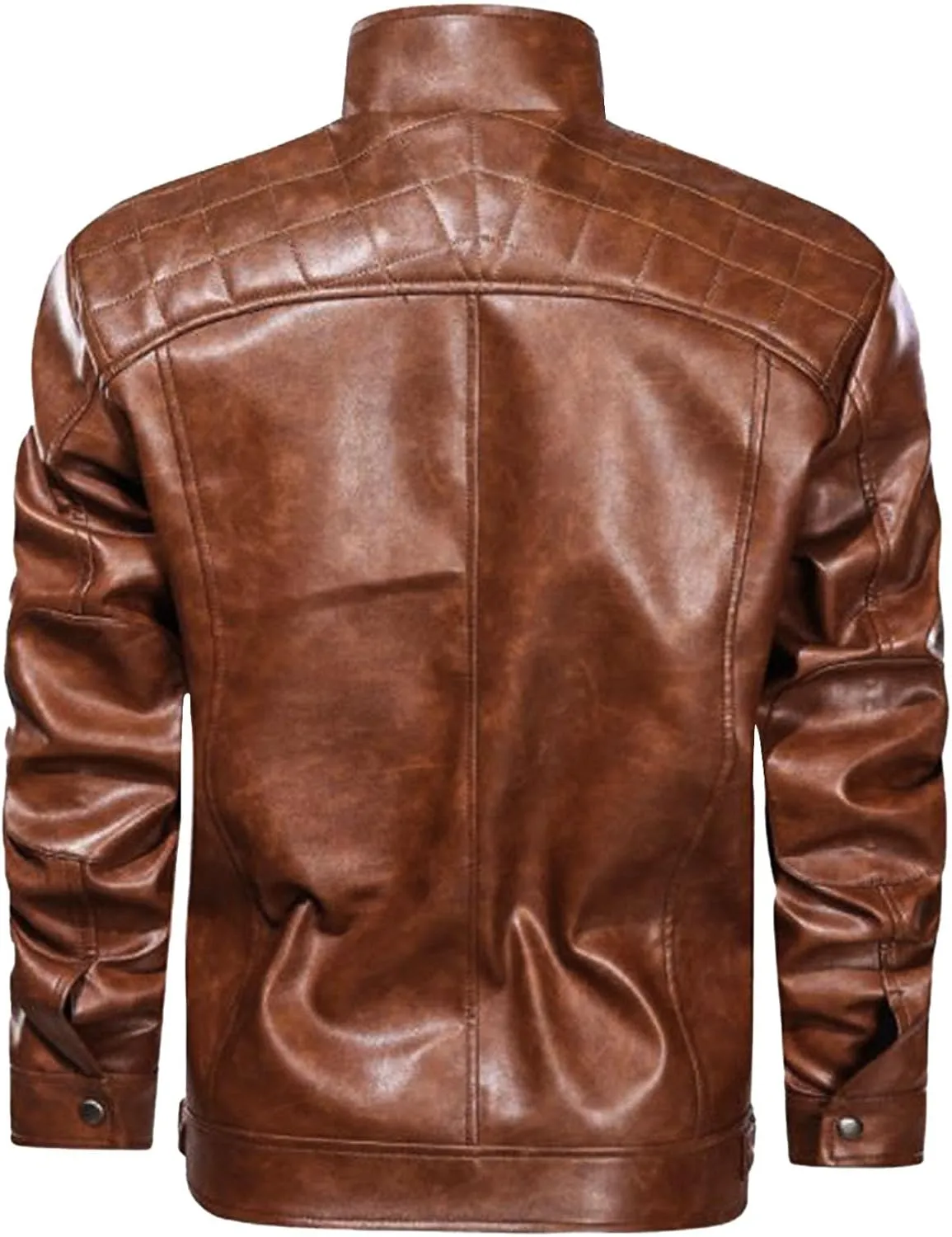 Mens Motorcycle PU Leather Jackets Stand Collar Biker Windbreaker Zip-up Slim Fit Outwear Trendy Motor Biker Jacket