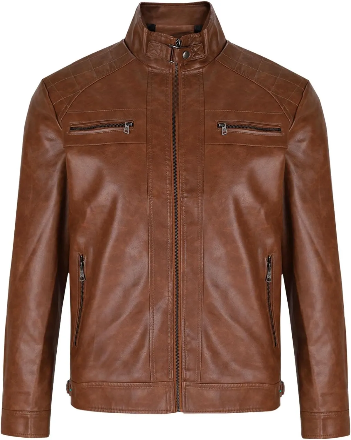 Mens Motorcycle PU Leather Jackets Stand Collar Biker Windbreaker Zip-up Slim Fit Outwear Trendy Motor Biker Jacket