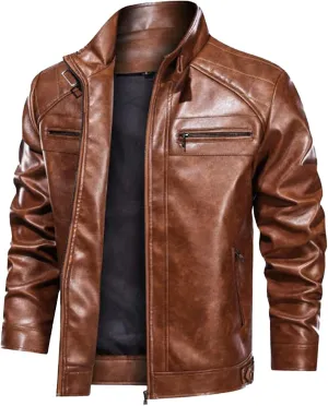 Mens Motorcycle PU Leather Jackets Stand Collar Biker Windbreaker Zip-up Slim Fit Outwear Trendy Motor Biker Jacket