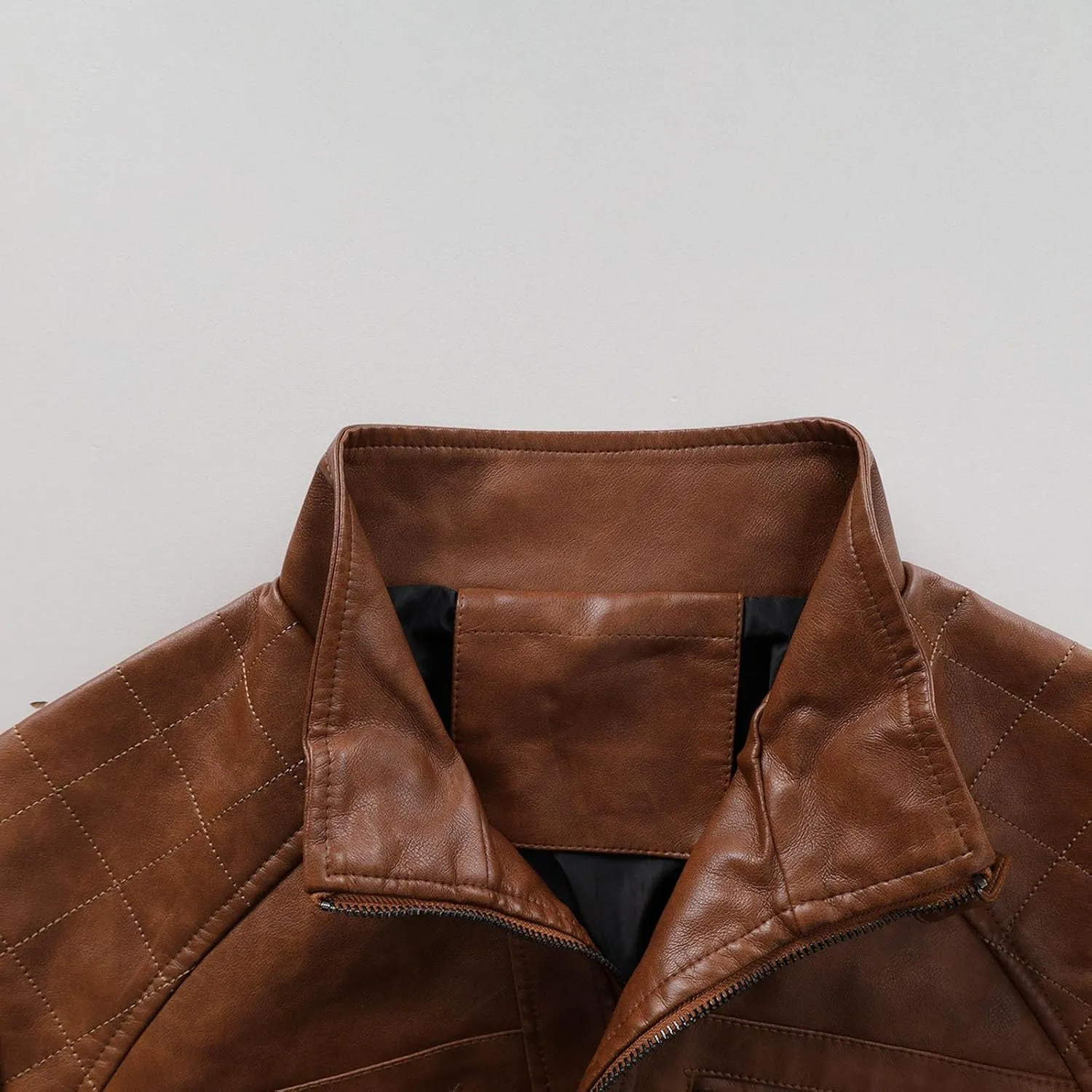 Mens Motorcycle PU Leather Jackets Stand Collar Biker Windbreaker Zip-up Slim Fit Outwear Trendy Motor Biker Jacket