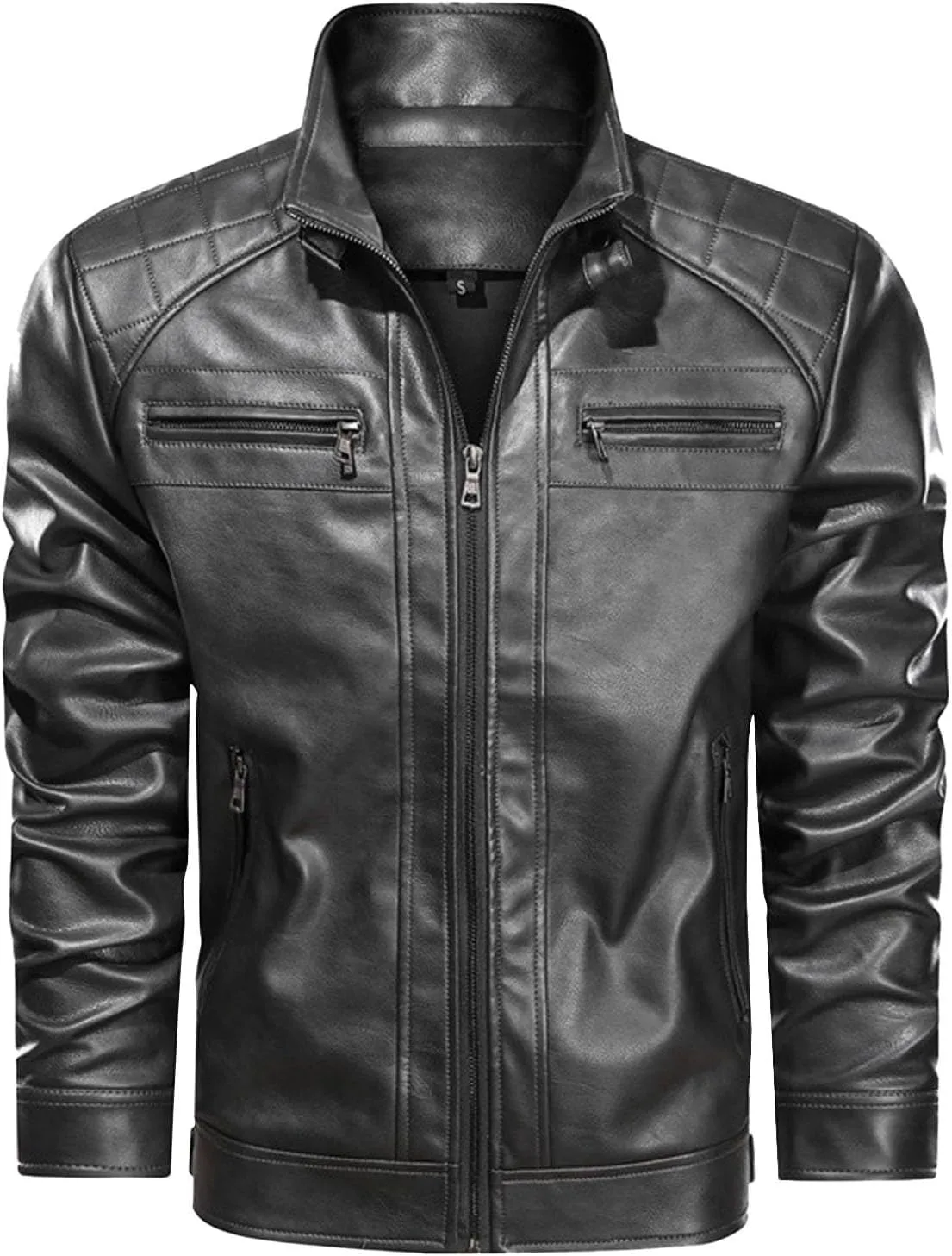 Mens Motorcycle PU Leather Jackets Stand Collar Biker Windbreaker Zip-up Slim Fit Outwear Trendy Motor Biker Jacket