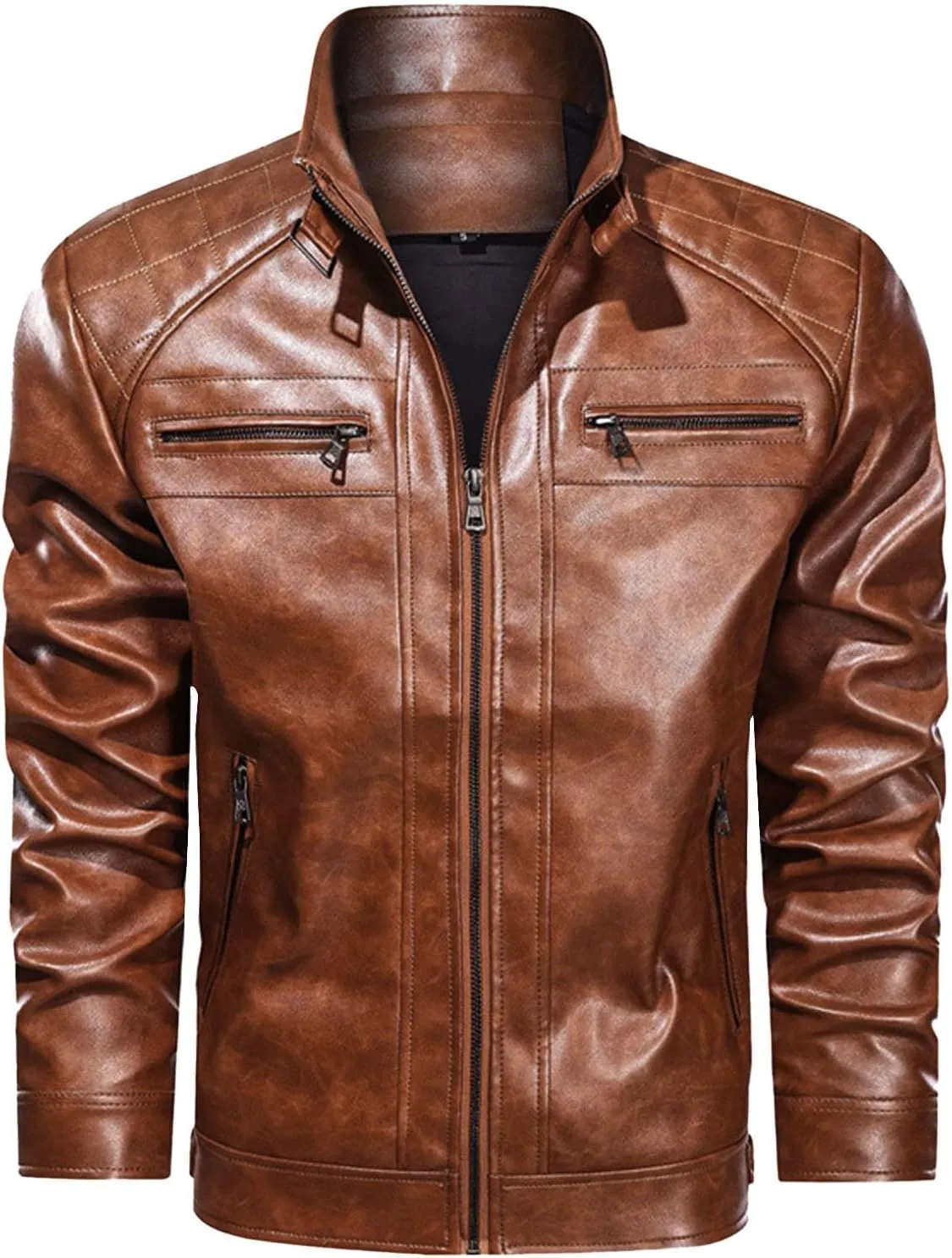Mens Motorcycle PU Leather Jackets Stand Collar Biker Windbreaker Zip-up Slim Fit Outwear Trendy Motor Biker Jacket