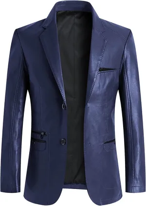 Mens Notch Lapel Leather Dress Suit Jacket Male Business Casual Faux Leather Blazer Jacket Motorcycle Jacket