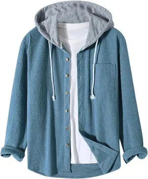 Mens Padded Waffle Jackets Hooded Button Down Cardigan Casual Long Sleeve Coats Fashion Sweatshirts Fall Tops