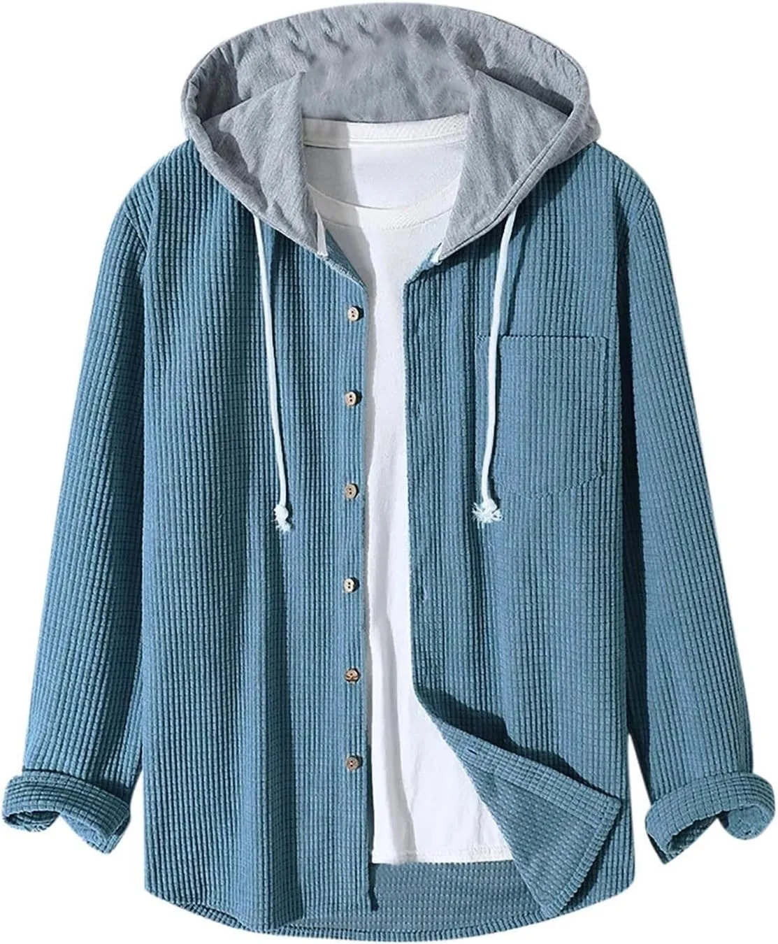 Mens Padded Waffle Jackets Hooded Button Down Cardigan Casual Long Sleeve Coats Fashion Sweatshirts Fall Tops