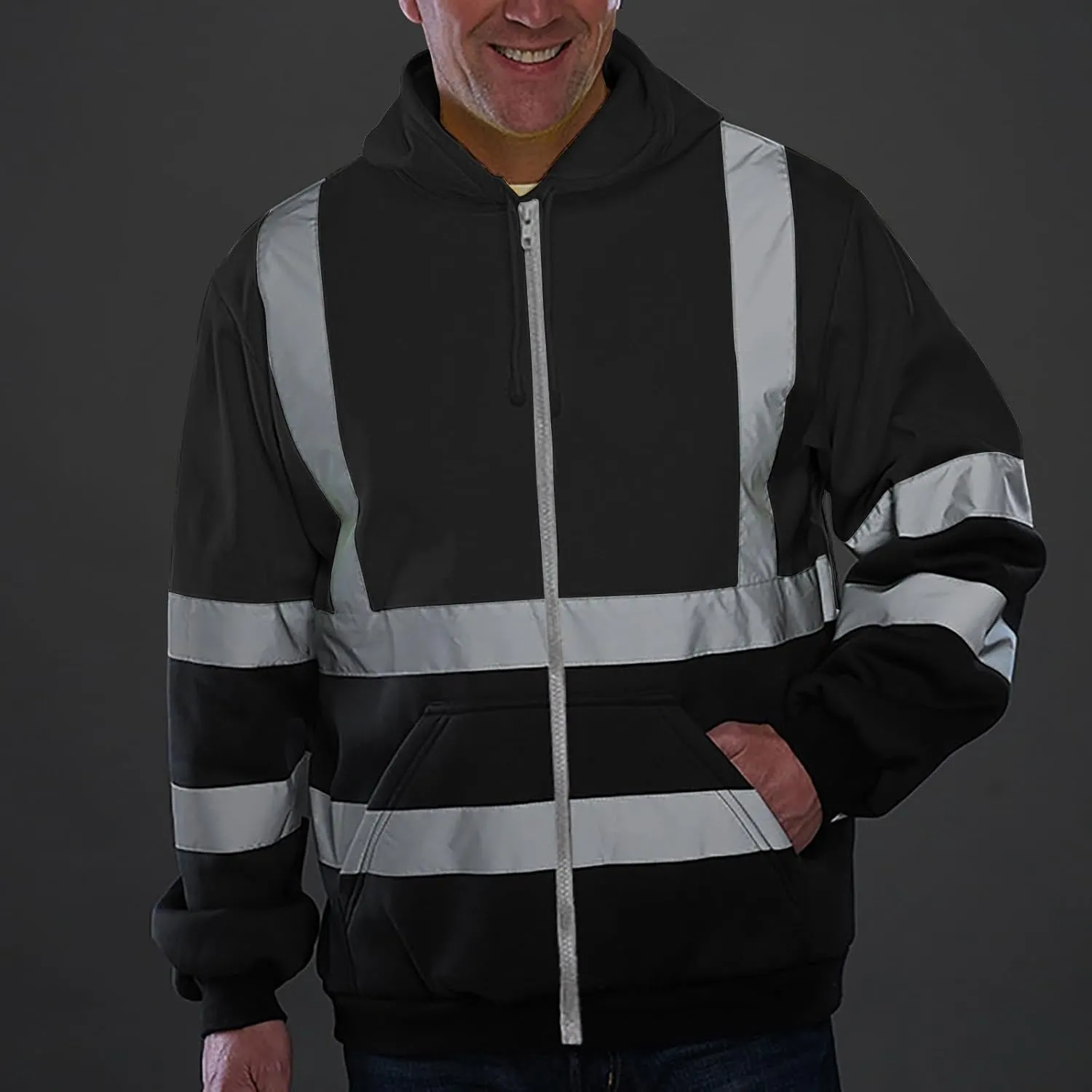 Mens Safety Fleece Hoodie Jacket High Visibility Full Zip Sweatshirt Reflective Work Utility Hooded Tops with Pocket
