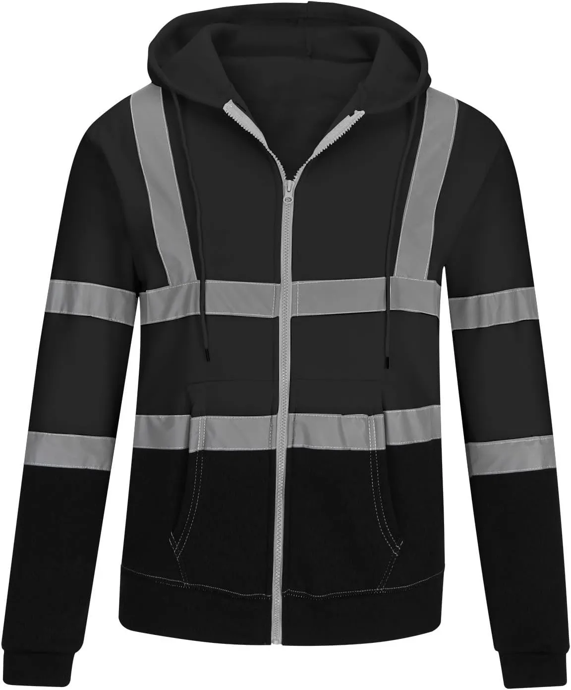 Mens Safety Fleece Hoodie Jacket High Visibility Full Zip Sweatshirt Reflective Work Utility Hooded Tops with Pocket