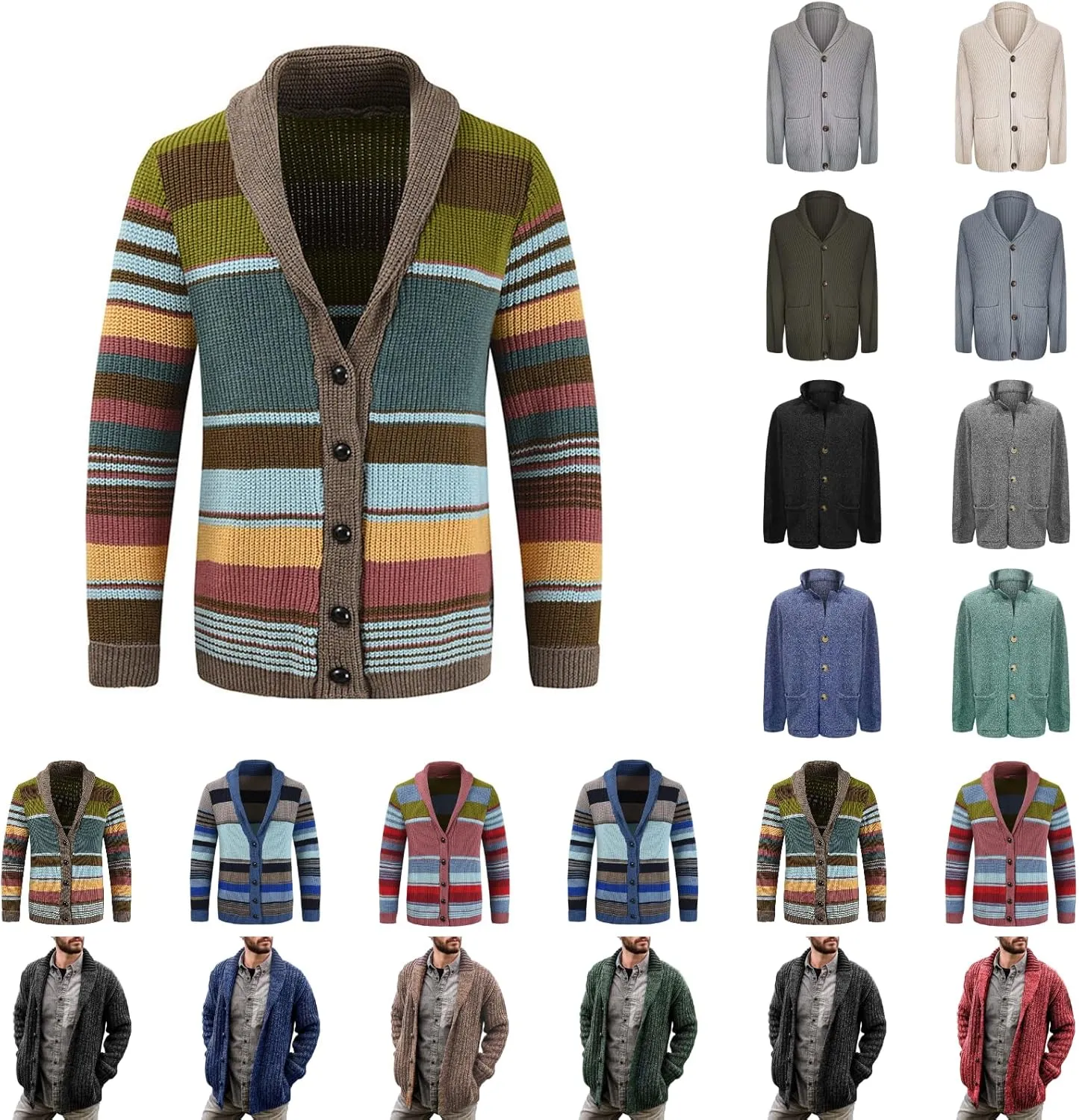 Mens Shawl Collar Cardigan Sweater Cable Knit Button Down Fall Winter Chunky Sweaters Open Front Rainbow Jumpers