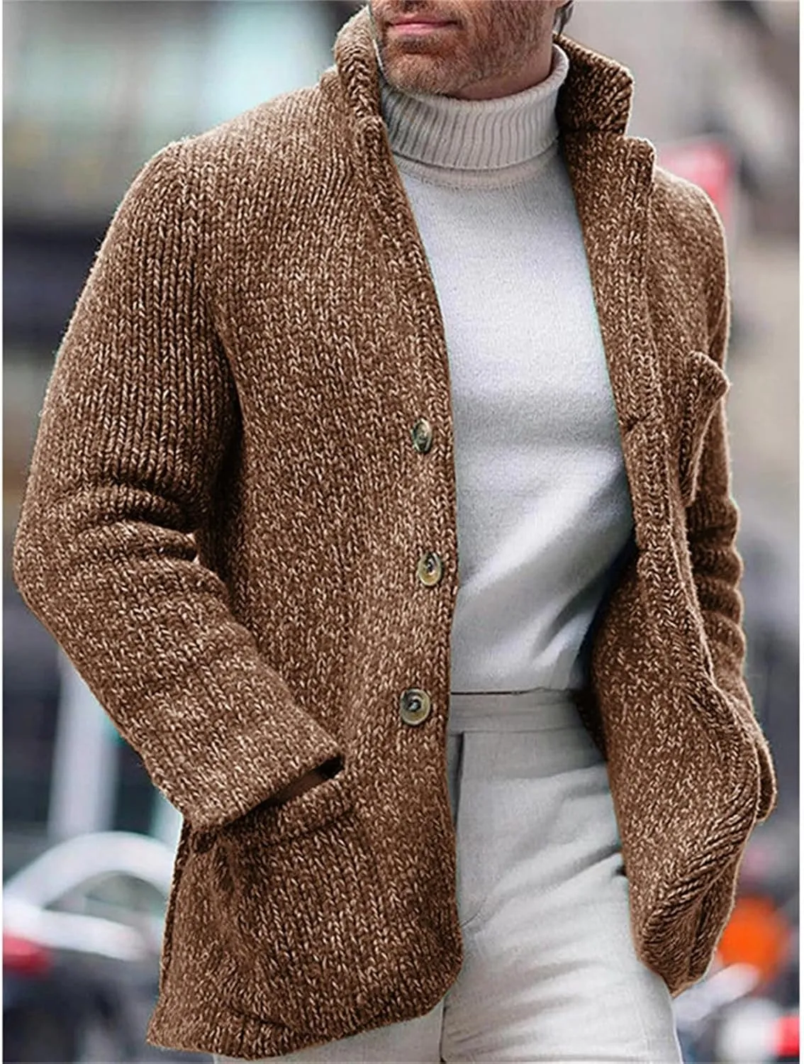 Mens Shawl Collar Cardigan Sweater Cable Knit Button Down Fall Winter Chunky Sweaters Open Front Rainbow Jumpers