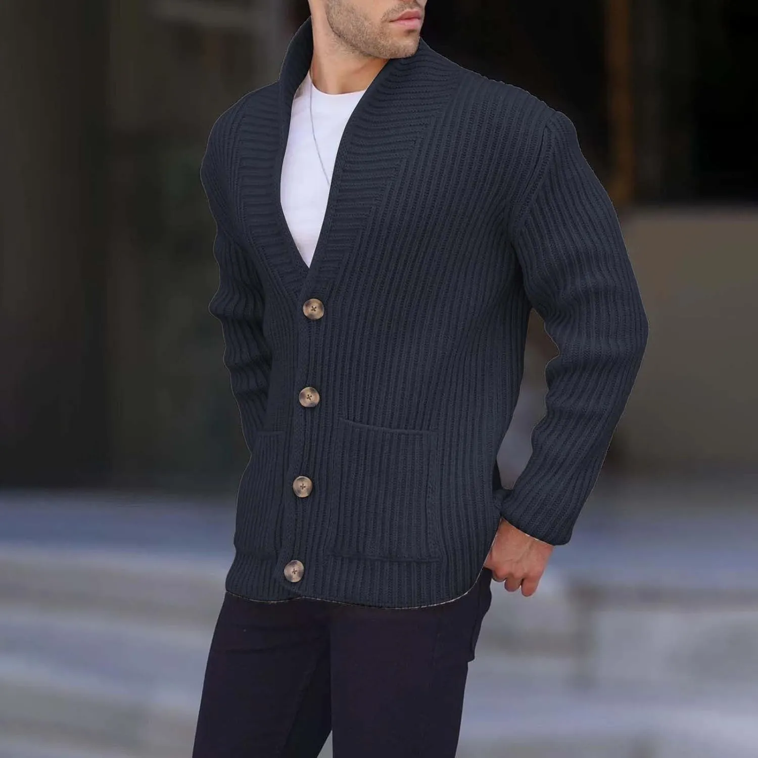 Mens Shawl Collar Cardigan Sweater Cable Knit Button Down Fall Winter Chunky Sweaters Open Front Rainbow Jumpers