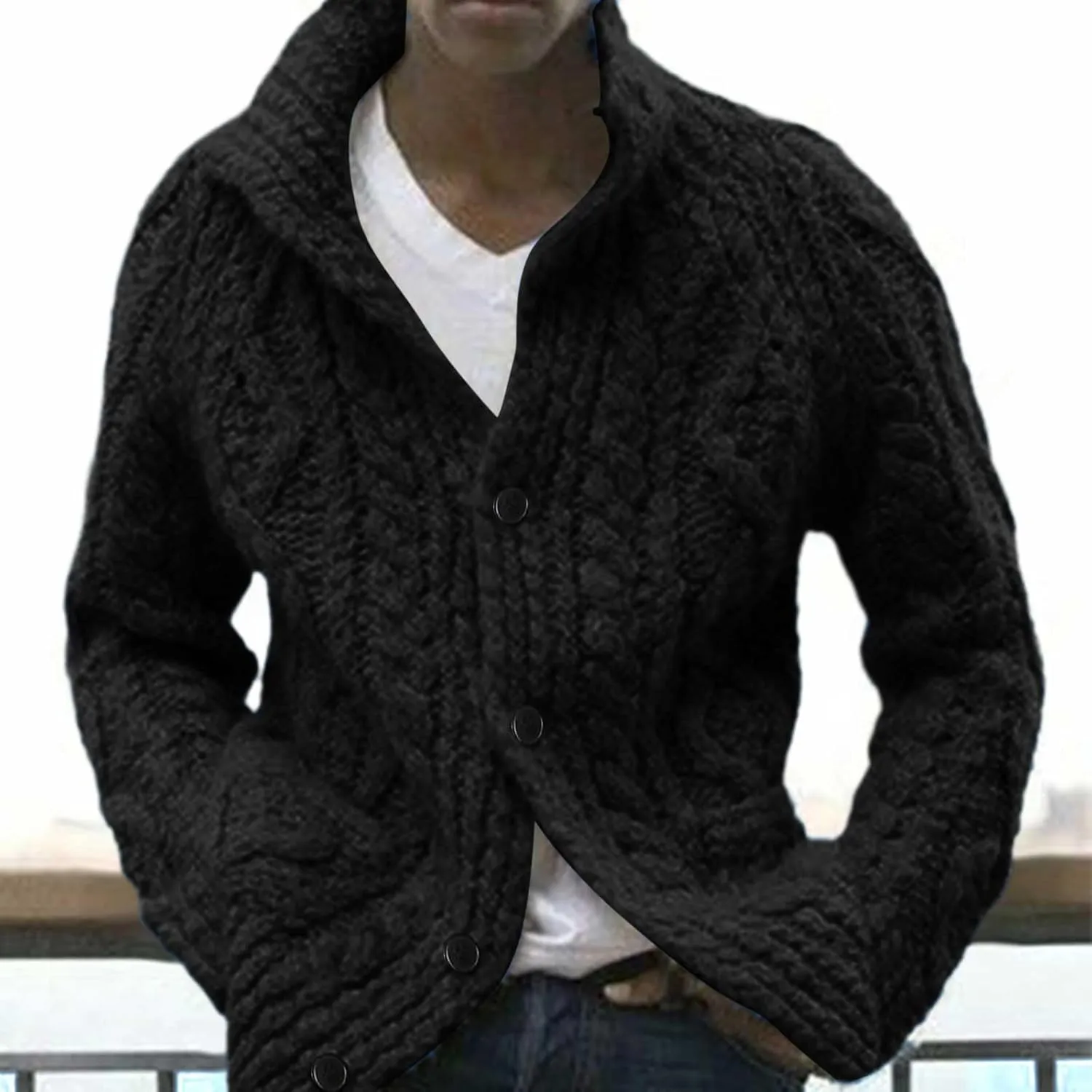Mens Shawl Collar Cardigan Sweater Cable Knitted Button Down Solid Color Sweaters Chunky Fall Winter Outwear