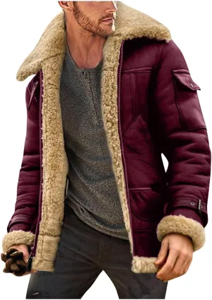 Mens Sherpa Lined Leather Jackets Shearling Coat Fleece Lined Overcoats Faux Fur Leather Jacket Winter Warm Tops