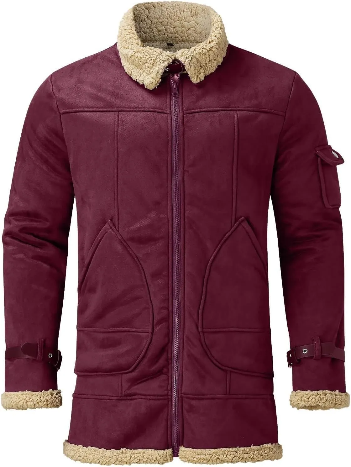 Mens Sherpa Lined Leather Jackets Shearling Coat Fleece Lined Overcoats Faux Fur Leather Jacket Winter Warm Tops