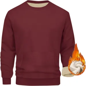Mens Sherpa Lined Sweatshirts Warm Soft Crewneck Fleece Pullover Winter Heavyweight Long Sleeve Underwear with Pocket