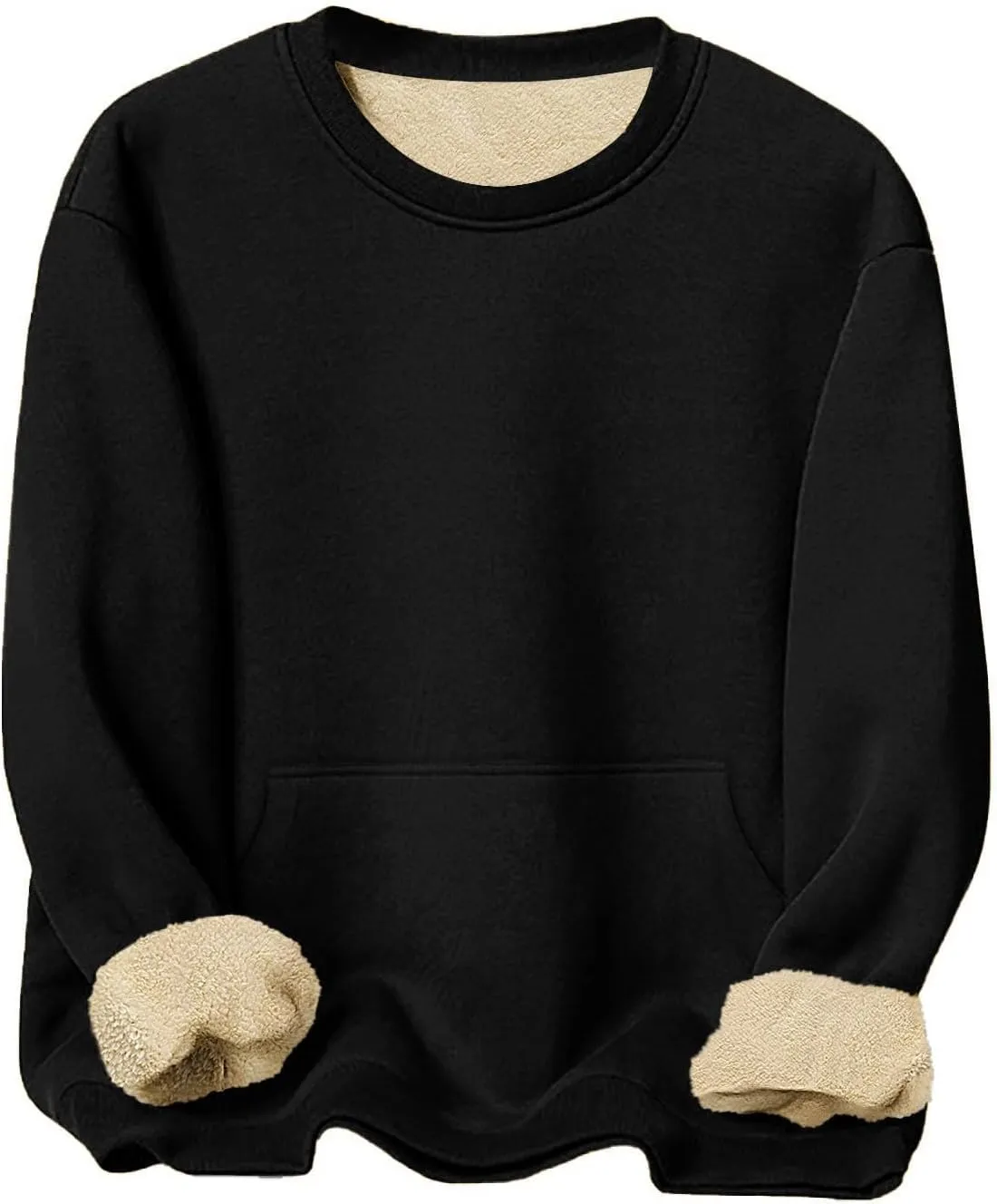 Mens Sherpa Lined Sweatshirts Warm Soft Crewneck Fleece Pullover Winter Heavyweight Long Sleeve Underwear with Pocket