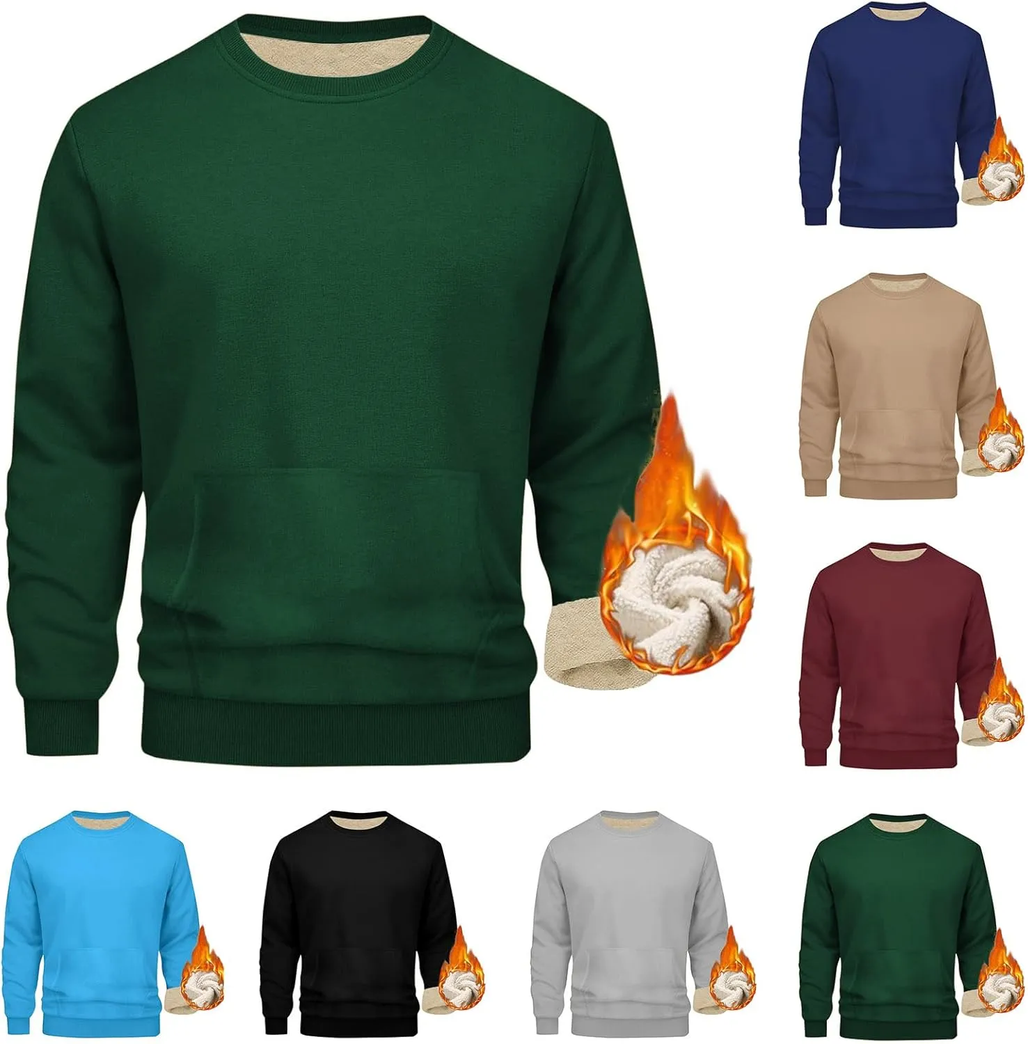 Mens Sherpa Lined Sweatshirts Warm Soft Crewneck Fleece Pullover Winter Heavyweight Long Sleeve Underwear with Pocket