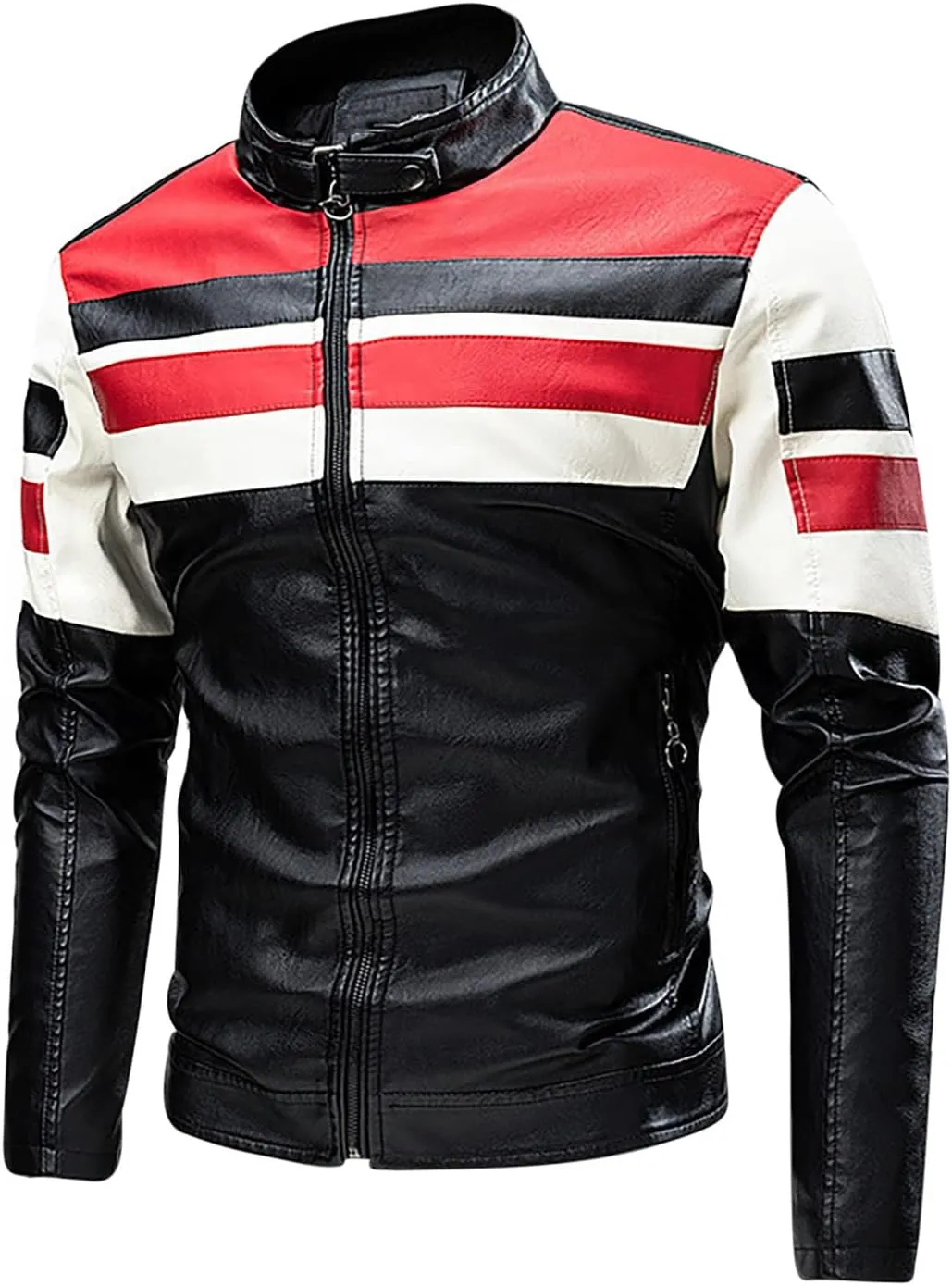 Men's Stand Collar Fleece Lined Bomber Faux Leather Jacket Motorcycle Leather Sherpa Jackets Casual Winter Warm Coat