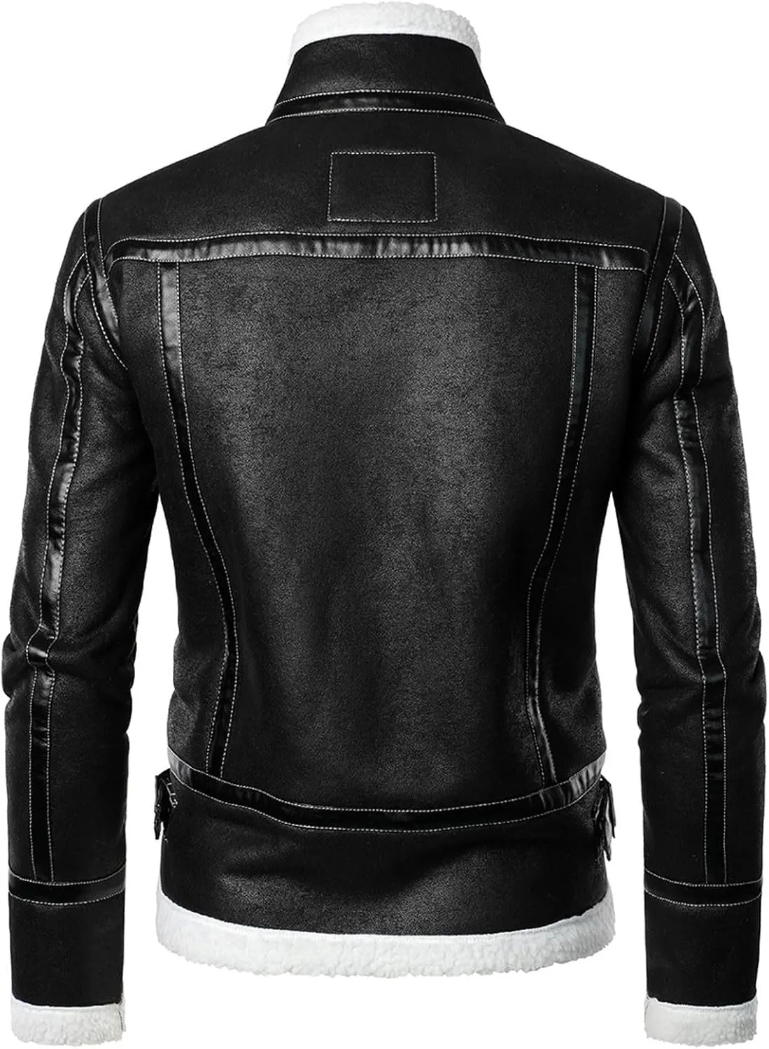 Mens Stand Collar Fleece Lined Bomber Faux Leather Jacket Motorcycle Vintage Sherpa Jackets Casual Thick Leather Coat